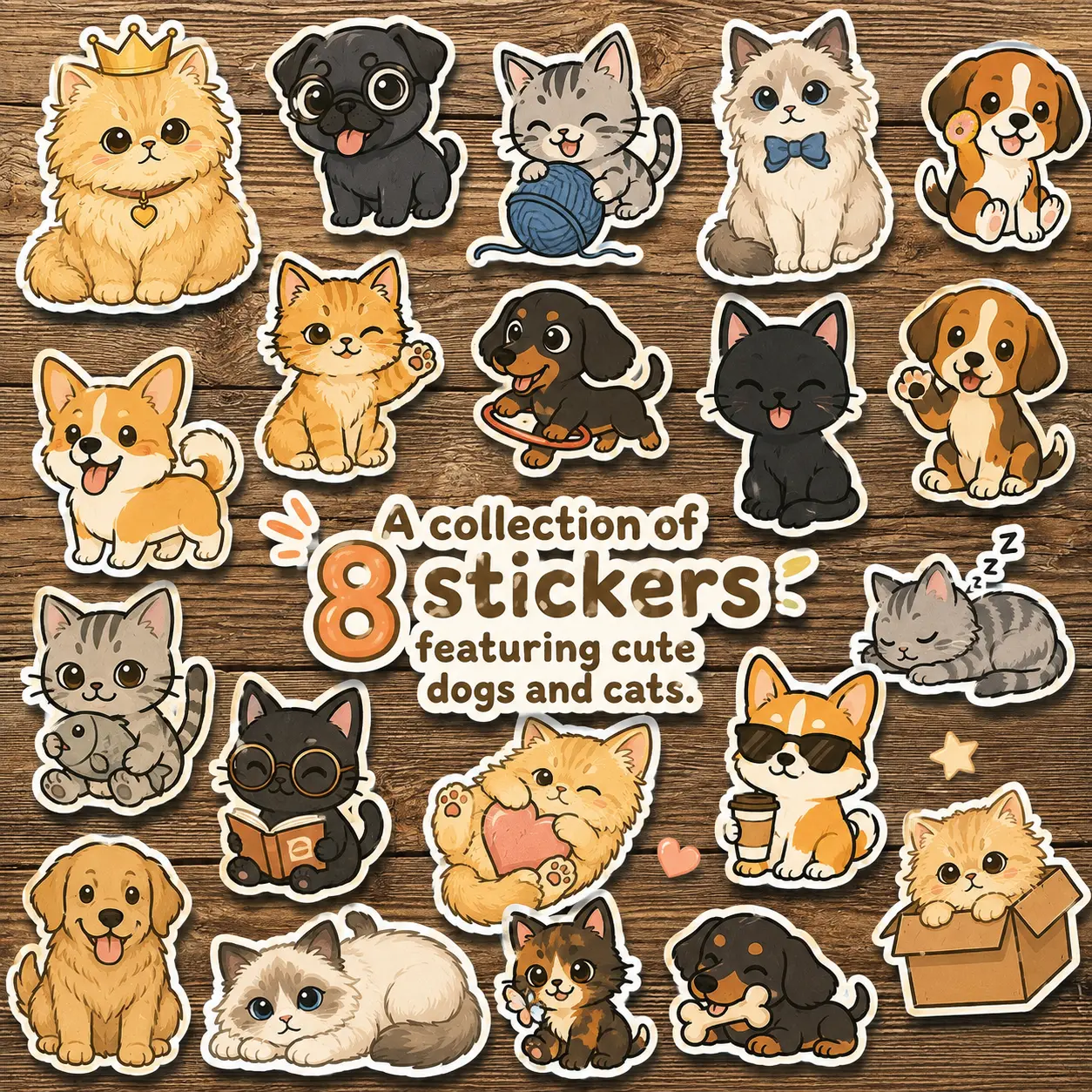 8-Pack Cute Dog & Cat Vinyl Stickers, Premium Waterproof Scrapbooking Stickers Collection For DIY Crafts