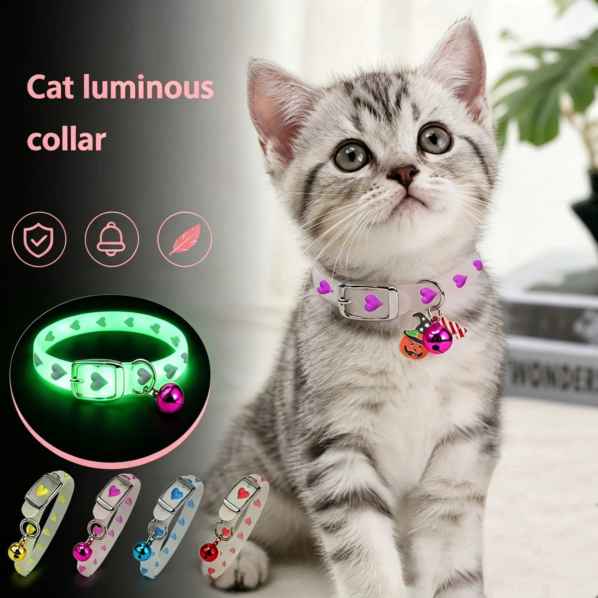 Glow-in-the-Dark Halloween Cat Collar Set Pack - Glow Effect, Spooky Look, Night Visibility, Bell, 5 DIY Interchangeable Accessories for Nighttime Cat Location