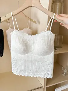 Sexy Lace Cami Top for Women, With Cups, Flattering Back Design, Privacy Protection, Thin Straps, Wearable as Outerwear or Underwear, White