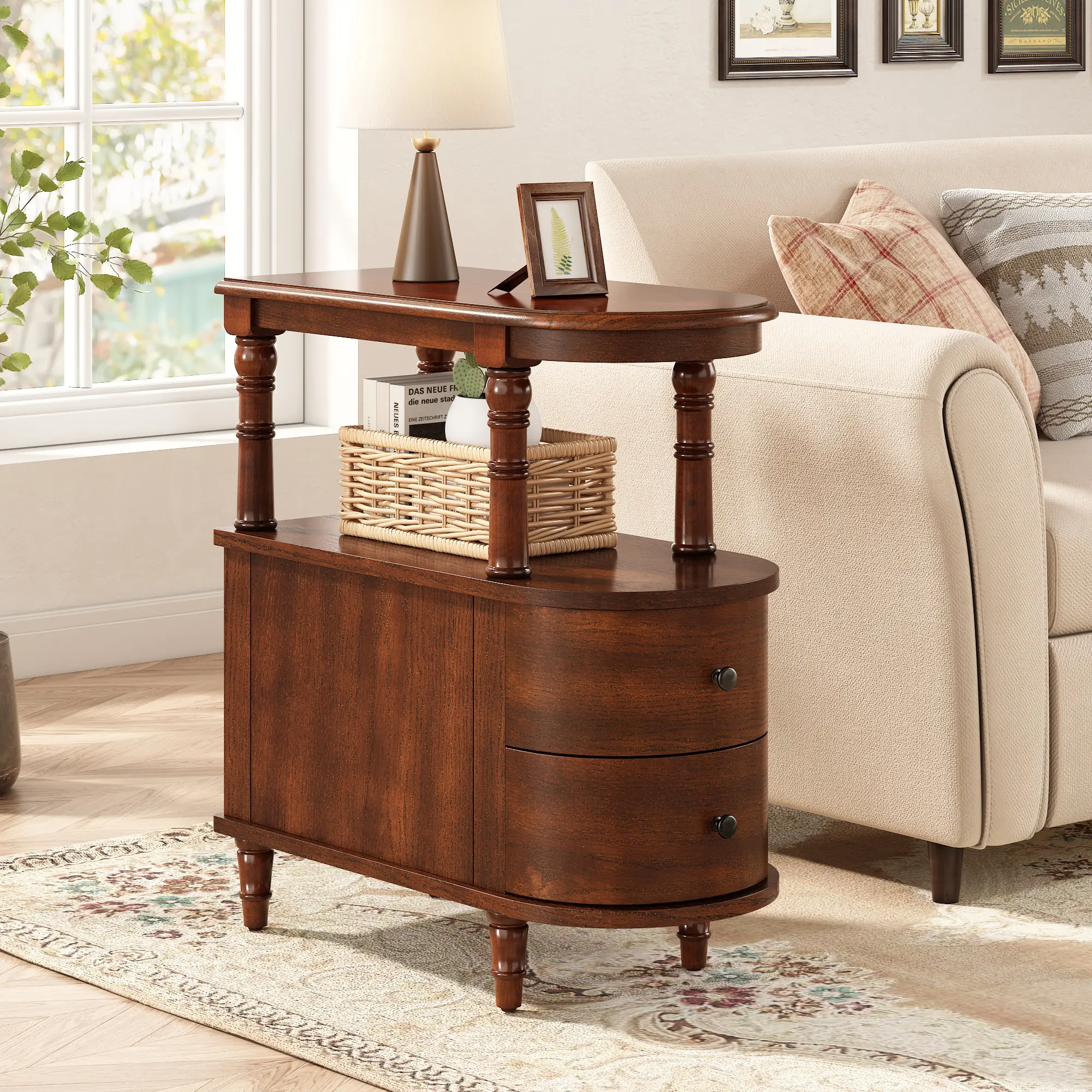 Solid Wood Frame Retro Side Table | Double - Layer Storage + Open Shelf, Perfect Partner for Living Room Sofa, Create Cozy Vintage Corner