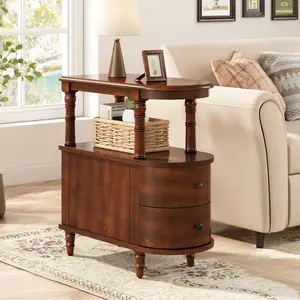 Solid Wood Frame Retro Side Table | Double - Layer Storage + Open Shelf, Perfect Partner for Living Room Sofa, Create Cozy Vintage Corner