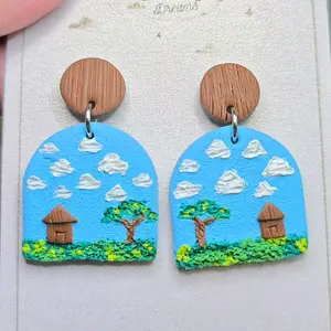 Cute Polymerclay Earrings - Arch Shape Blue Background with Clouds Grass Tiny House & Tree Design on Wood studs design made out of clay