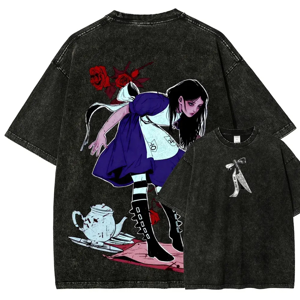 Alice Dark Wonderland Graphic Washed T Shirt for Men Women, Gothic Anime Girl Character Print Oversized Streetwear Tee, 100% Cotton Vintage Distressed Short Sleeve Top, Retro Y2K Casual Shirt for Anime Fans, Gothic Lovers, Daily Wear, Parties & Festivals