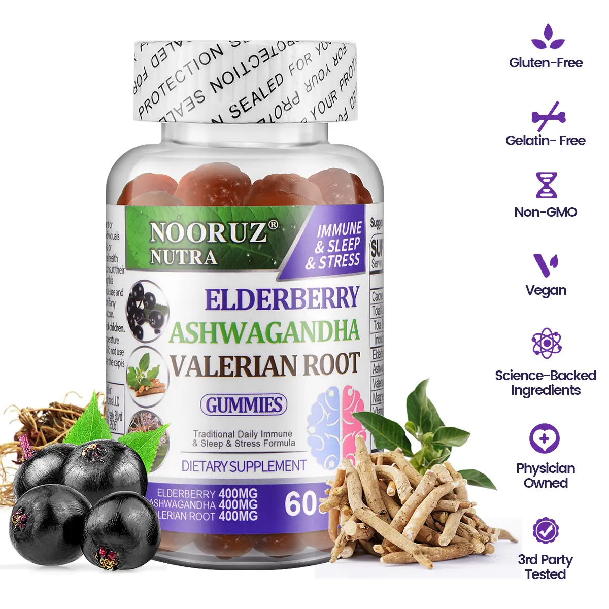 NOORUZ Ashwagandha Elderberry Valerian Root Gummies Vegan Plant Extracts GMO Free/Gluten Free/Gelatin Free/ Helps Maintain Healthy Cortisol Levels