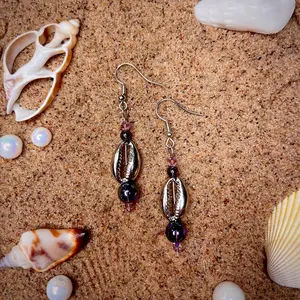 Silver Puka Seashell With Purple and Pink Beads Dangle Ocean Mermaid Earrings