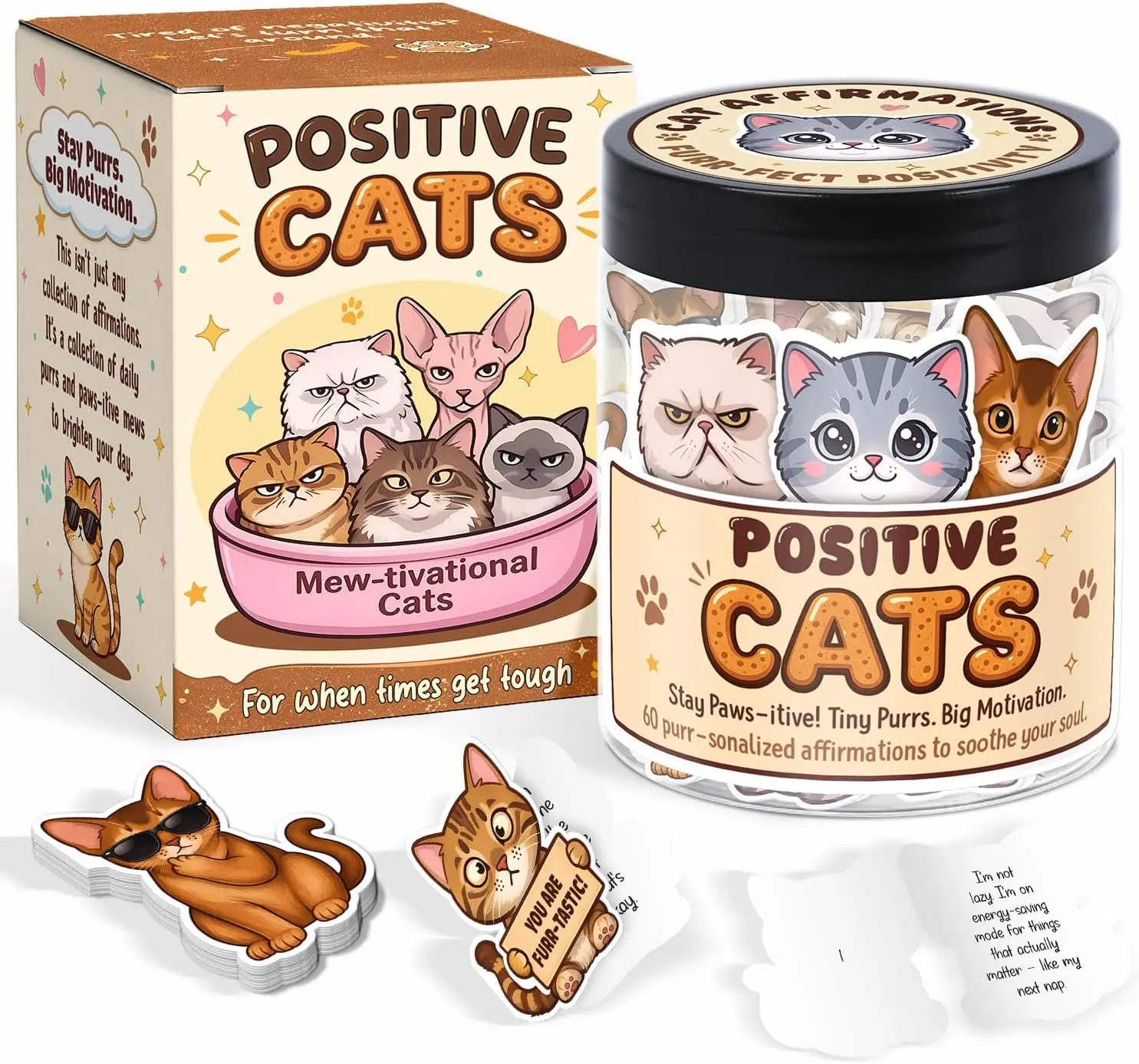 Emotional Support Cats Jar, 60 Affirmation Cards for Women, Positive Cat Gift for Women, Cat Lovers, Mom, Girls, Kids, Cat Themed Gifts For Teens - Stress Relief, Birthday