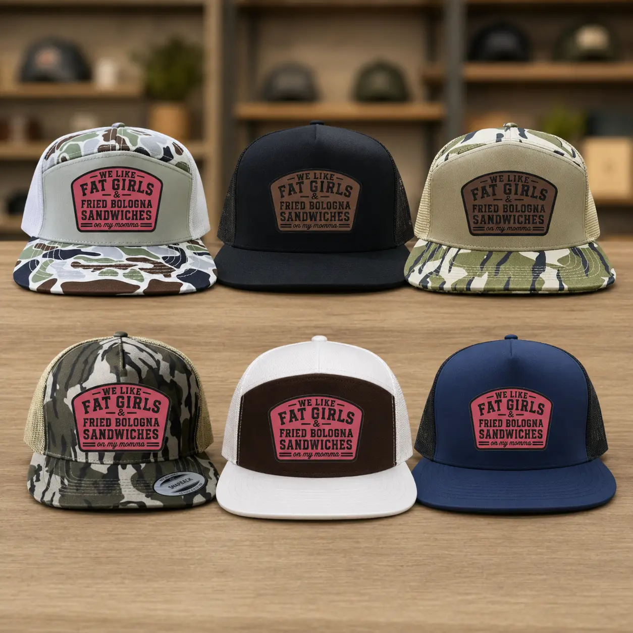 We Like Fat Girls & Fried Bologna Sandwiches on my momma Leather Patch Trucker Hat | Funny Camo Snapback Cap | Southern Humor Hat | Gift for Him