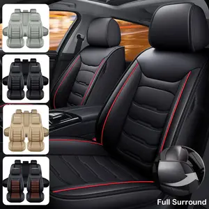 5-Seats Full Set Car Seat Covers,Luxury Waterproof PU Leather Cushion Protectors,40/60 Split Front and Rear Bench Seat,Full Surround Car Interior Cushions,Universal Fit for Cars Sedans SUVs-(Black/Red Line)