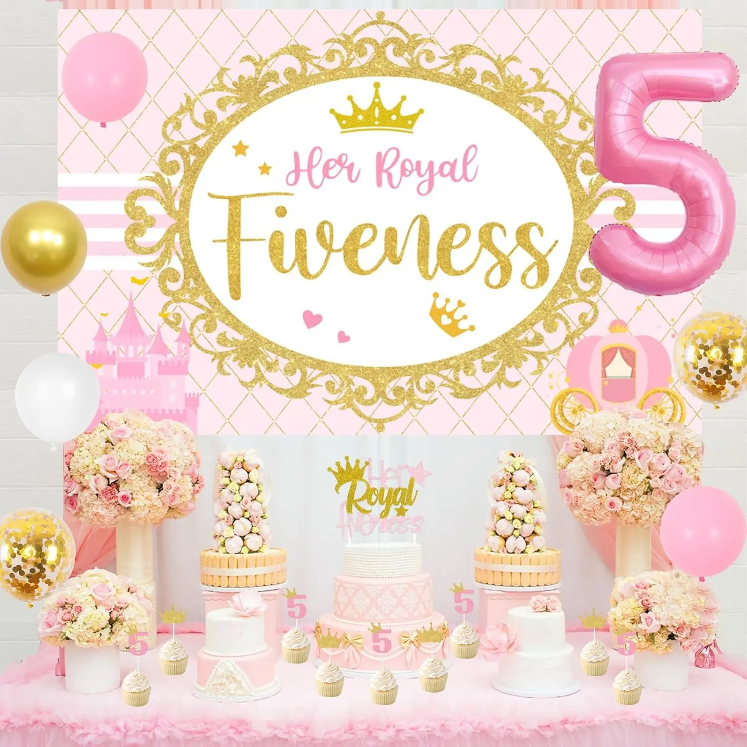 Girl's 5th Birthday Royal-Themed Party Supplies Set for Female Princess Celebrations - Happy Birthday Vinyl Back Backdrop, Banner, 18pcs Latex Balloons, Cake Topper, Sash, 12pcs Cupcake Toppers