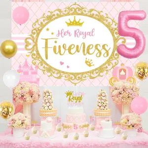 1Set 5th Birthday Decorations for Girl Her Royal Fiveness Birthday Backdrop Cake Topper Sash Balloons for Princess 5 Years Old Bday Party Supplies