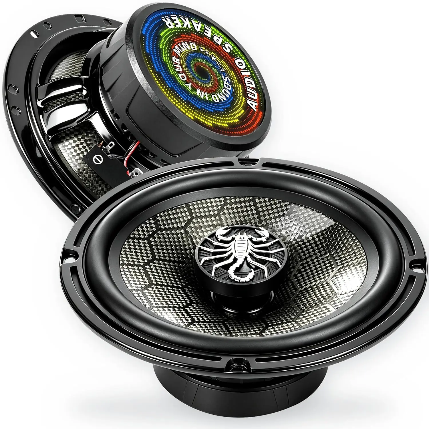 TANVSO CarbonForce 6.5 Speakers, 1000W Peak 4 Ohm 6.5 Inch Car Speakers, 6-1/2 2-Way Coaxial Door Speakers with Honeycomb-Weave Carbon Fiber Cone, N48 Tweeter for Car & Truck, 2 Pack