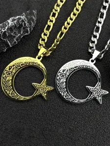 Muslim Star Crescent Moon Arabic Quran Stainless Steel Necklaces for Men Spiritual Islamic Amulet Necklaces Pendants Charm Necklace