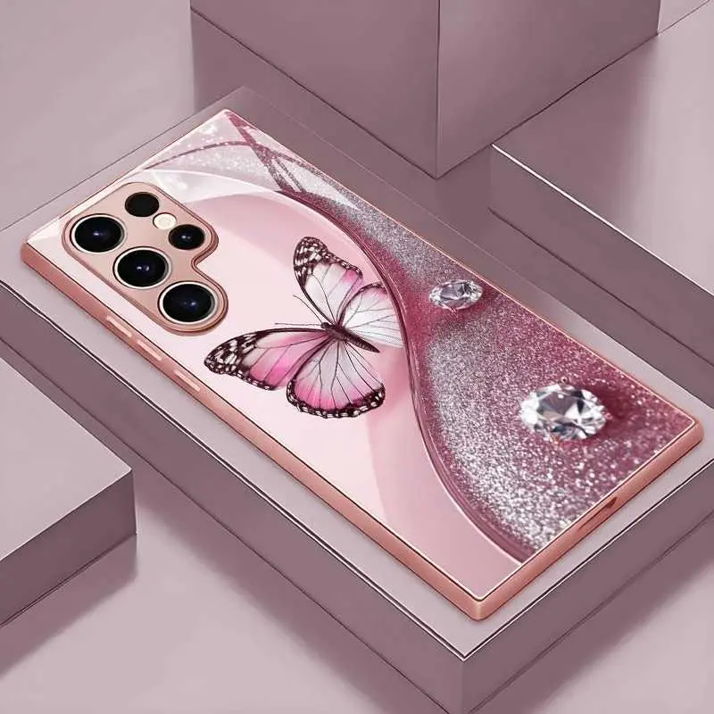 Dancing Butterfly Pink Rhinestone For Samsung S25 Edge Tempered Glass Phone Case For Samsung S26 Ultra/S24/S23 Protection HNAD39PLQWE