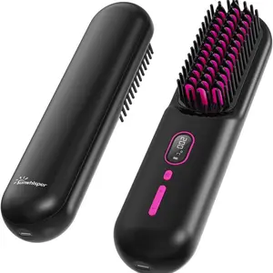 Cordless Hair Straightener Brush for Women with 20 Million Anion Technology, Portable Hair Straightening Brush for Travel with LCD Display and 2 Hair Clips