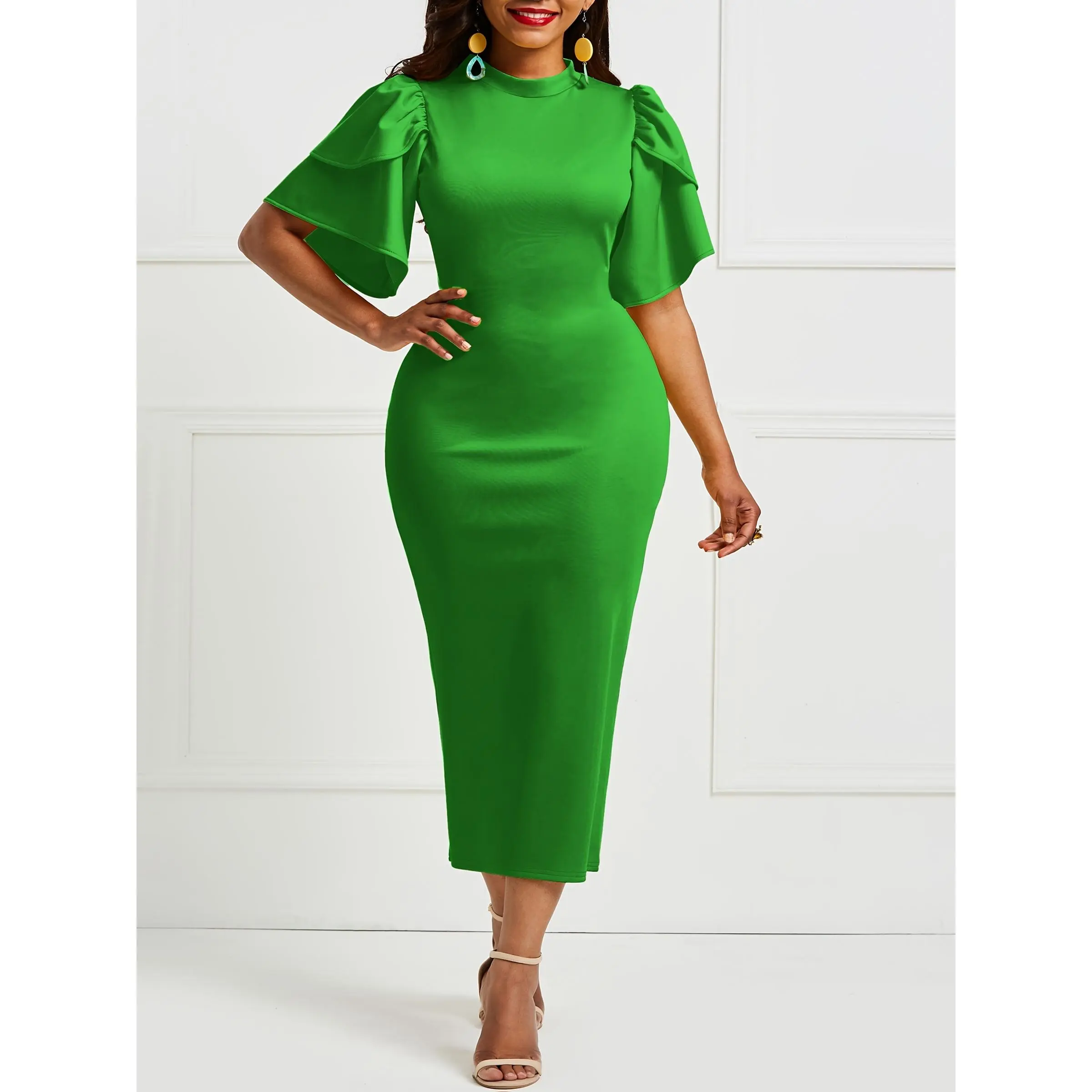 Women'S Elegant Green Ruffle Sleeve Midi Dress - Stretchy Polyester, Crew  Neck, Long Sleeve, Summer Chic, No