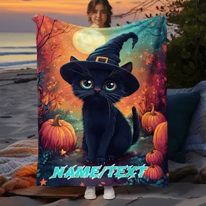 Customizable Halloween Cat Flannel Throw Blanket - Personalized Name, Lightweight & Cozy Fleece for Sofa, Travel, Office, and Bedding - Soft, Warm Polyester Fabric with Pumpkin & Moon Design - Ideal Gift for Christmas, Easter, Mot