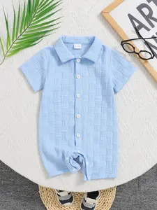 Baby's Waffle Knit Short Sleeve Button Closure Onesie, Casual Comfy for Infant, Infant Toddler Clothes, Newborn Baby Clothes for Summer