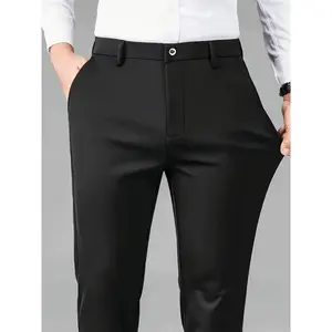 Men's High-Waisted Stretch Dress Pants - All-Season Elastic Casual Trousers with Embroidery Detail, Machine Washable Straight-Leg Office & Formal Wear, Yearround Clothing | Button Closure Pants | Highelastic Fabric Menswear Polyester