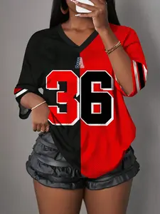 Y2K American Retro Style Loose-Fit V-Neck Sporty T-Shirt, All over Print Jersey Top, Hip-Hop Streetwear Casual Sportswear Fashion for Women