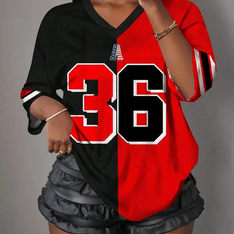 Women's Y2K American Retro Athleisure Loose-Fit V-Neck Sporty T-Shirt, All-Over Print Jersey Top, Hip-Hop Streetwear, Casual Sportswear, Athletic Apparel, Athleisure Workout Top