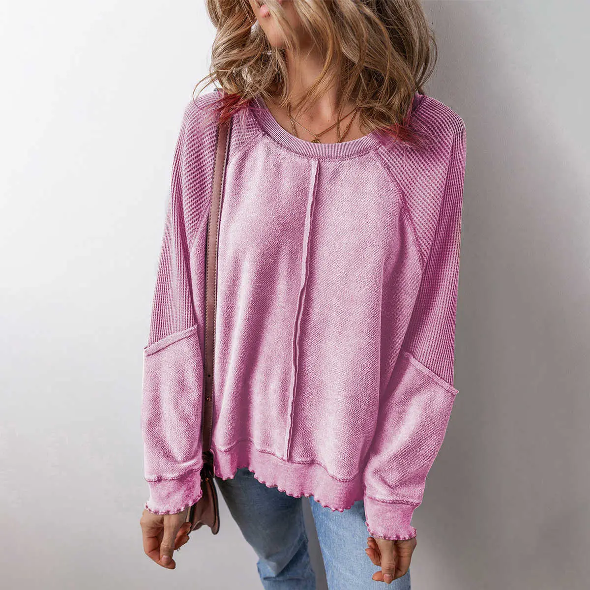 Pink Waffle Knit Patchwork Exposed Seam Raglan Sweatshirt