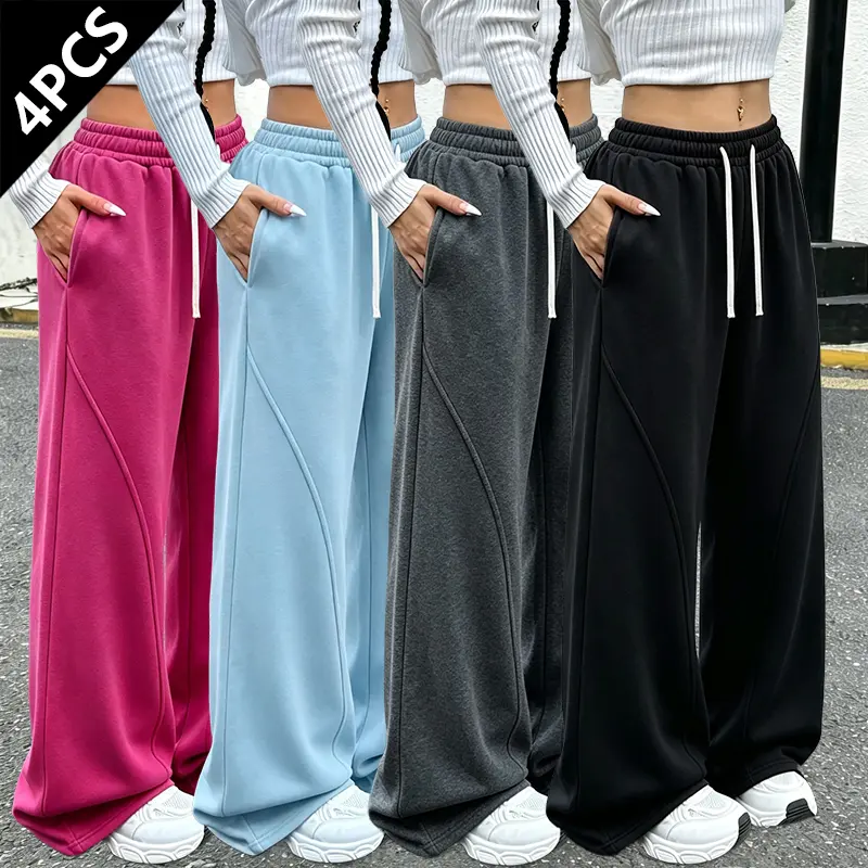Women’s Loose Straight-Leg Pants – Pack of 4 | Solid Color, with Pockets, Casual Style, Suitable for All Seasons and Weekend Outings