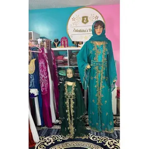 Little Girls Dubai Kaftan Dress Teal - Premium Materials with Outer Kaftan Inner Dress Belt Scarf Set