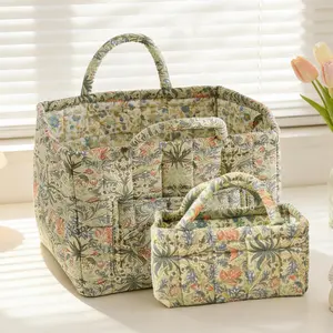 Vintage Flower Print Quilted Storage Basket - Handheld, Foldable Fabric, Large Capacity Organiser for Living Room, Bedroom Home Organization