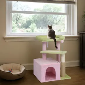 Cat Tree 27in Small Cat Tower, Multi-Level Cat Tree Tower with Cat Scratching Post and Pad, Cozy Cat Condo, Padded Top Bed for Kittens and Indoor Cats