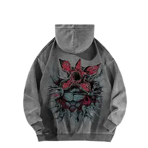 *Stranger Things* classic monster Demogorgon. Anime double-sided print washed hooded sweatshirt - long-sleeved pure cotton unisex vintage hoodie. GC4