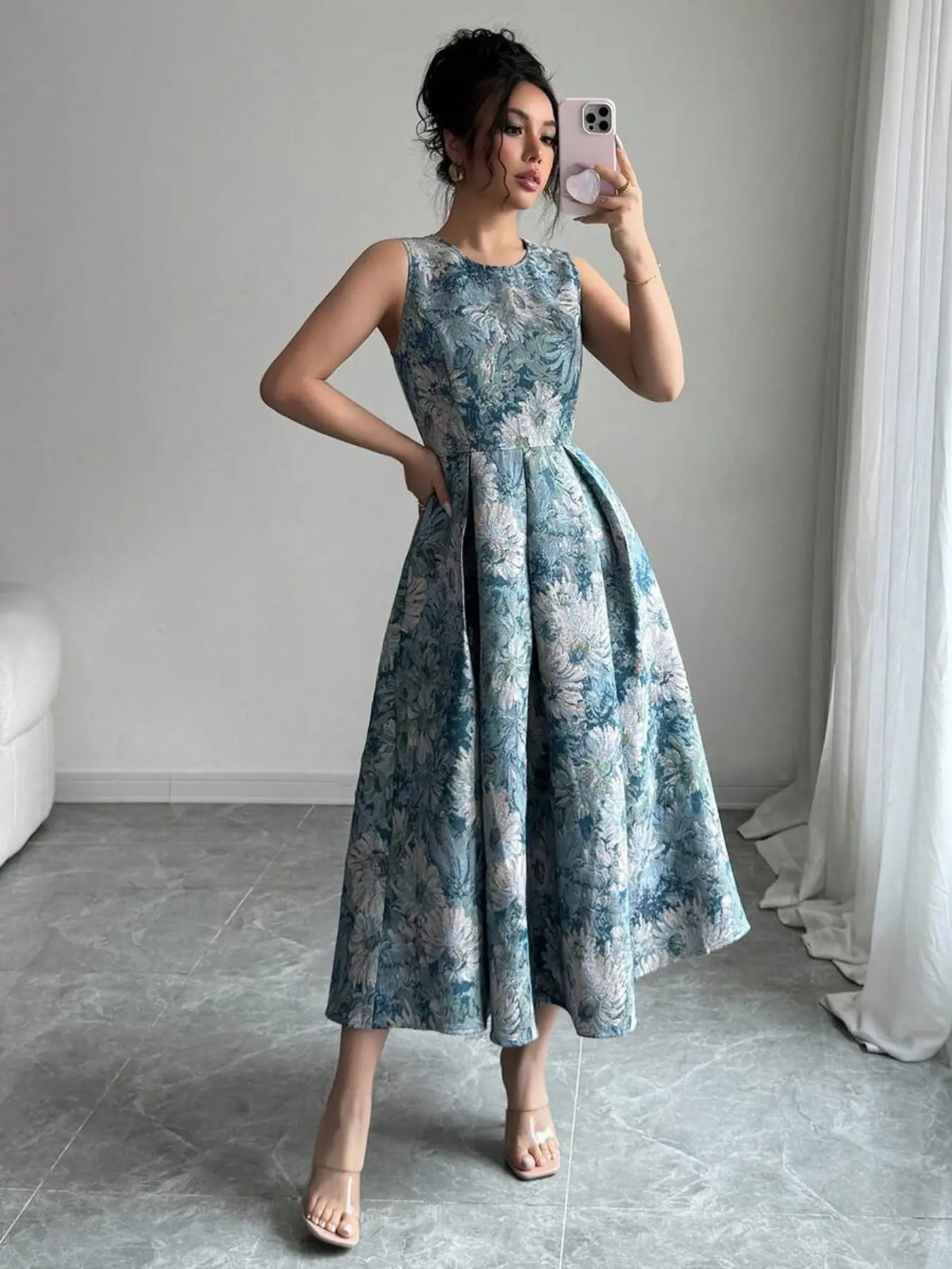 Vintage Oil Painting Floral Jacquard Sleeveless Waist Cinched A-Line Midi  Dress, Elegant Round Neck Flared Skirt, High-Waisted Ruched Design Lady  Womenswear - TikTok Shop