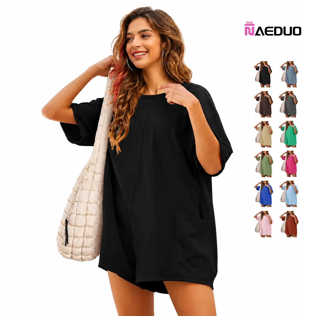 Naeduo Women's Baggy Reversible Casual Oversized Athletic Jumpsuit - V-Neck & Crew Neck Dual-Wear T-Shirt Style Romper with Pockets, Minimalist Basic Casual Dress for Work & Workout, Maternity Black Womenswear