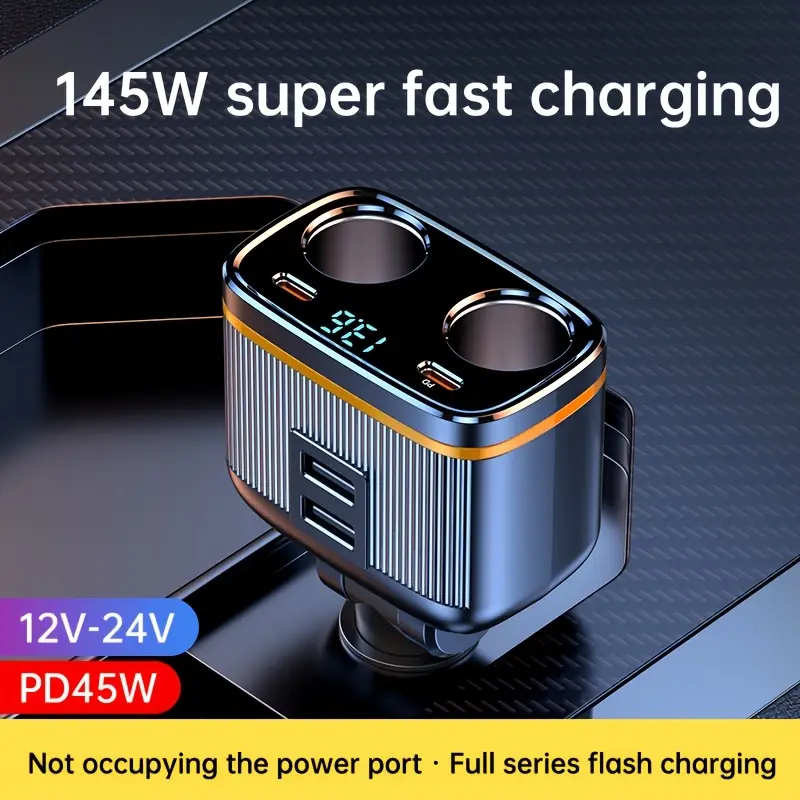 12V/24V 2-Socket 6 in 1 Cigarette Lighter Splitter with Voltage Detection, Alanph 145W Car Charger Adapter Dual USB QC3.0 &Type-C PD45W Fast Charging (6-Port