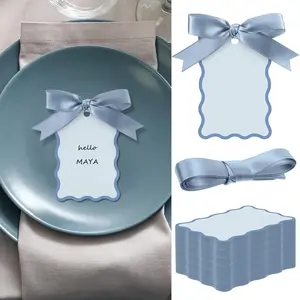 Dusty Blue 100 Set Scallop Name Place Cards for Table Setting DIY Wedding Placecards Blank Gift Tags Include Name Table Cards and Ribbons for Wedding Birthday Party Celebration Supplies