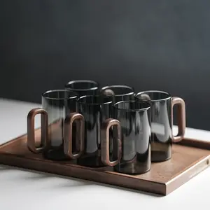 High Borosilicate Heat Resistant Glass Water Cup - 2pcs/6pcs Set with Smoke Green Wooden Handle, Transparent Black, Safe Transportation, Pearl Packaging Drinkware Bottles Tumblers Mug Reusable Washable