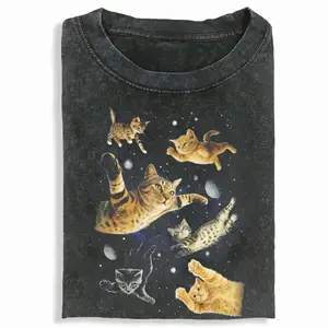 Cats In Galaxy Space T-shirt, Unisex Vintage Crew Neck Regular Fit Cotton Fabric Casual Comfort Breathable Short Sleeve Funny T-shirts Fashion Men&Women's Top for Streetwear 040804
