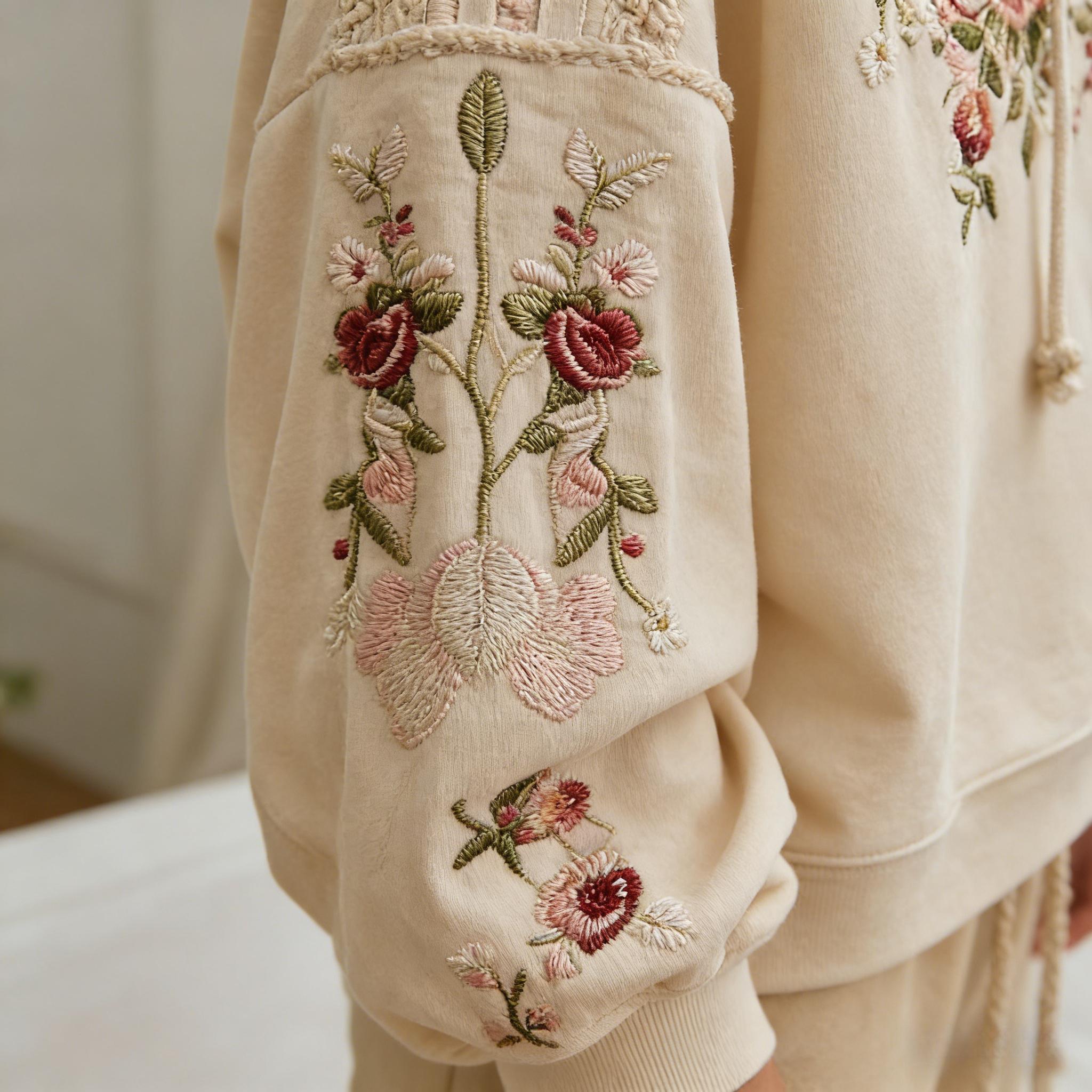 Vintage Beige Floral Embroidered Hoodie, Lace Patchwork Oversized Pullover, Boho Cottagecore Aesthetic Sweatshirt, Romantic Rose Embroidery Casual Streetwear for Women