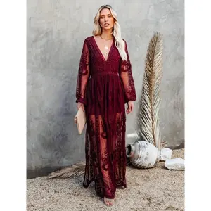 Women’s long-sleeve embroidered lace romper/maxi dress — casual boho floral, deep V-neck (or plunge), A-line silhouette, vacation split hem; bridesmaid party wear for fall; suitable for women and as a Christmas outfit? Thanksgiving outfits for women