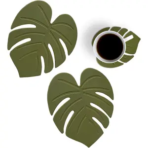 2 count Cute Monstera Coasters, Soft  Coasters for Drink, Cup Coasters for Desk, Fun  Coasters, Cool Turtle Leaf Coasters, Creative 3D Green Leaf Drink Coasters, Tropical  Decor
