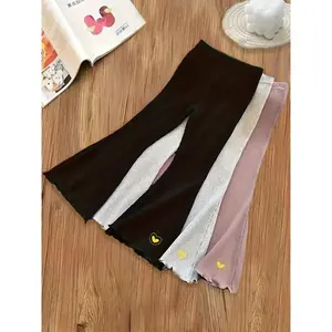 Girls 3pcs/set Casual & Thickened & Comfy Rib-knit Heart Stitched Lettuce Trim Leggings For Spring & Fall & Winter