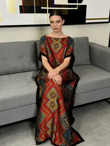 Women's Geometric Printed Satin Texture Design Kaftan Long Dress with Scarf | Bold Red and Blue Diamond Pattern Kaftan Robe | Batwing Sleeves Plus Size Loose Fit Long Dress for Vacation, Dinner, Cocktail Party, Casual and Formal Occasions