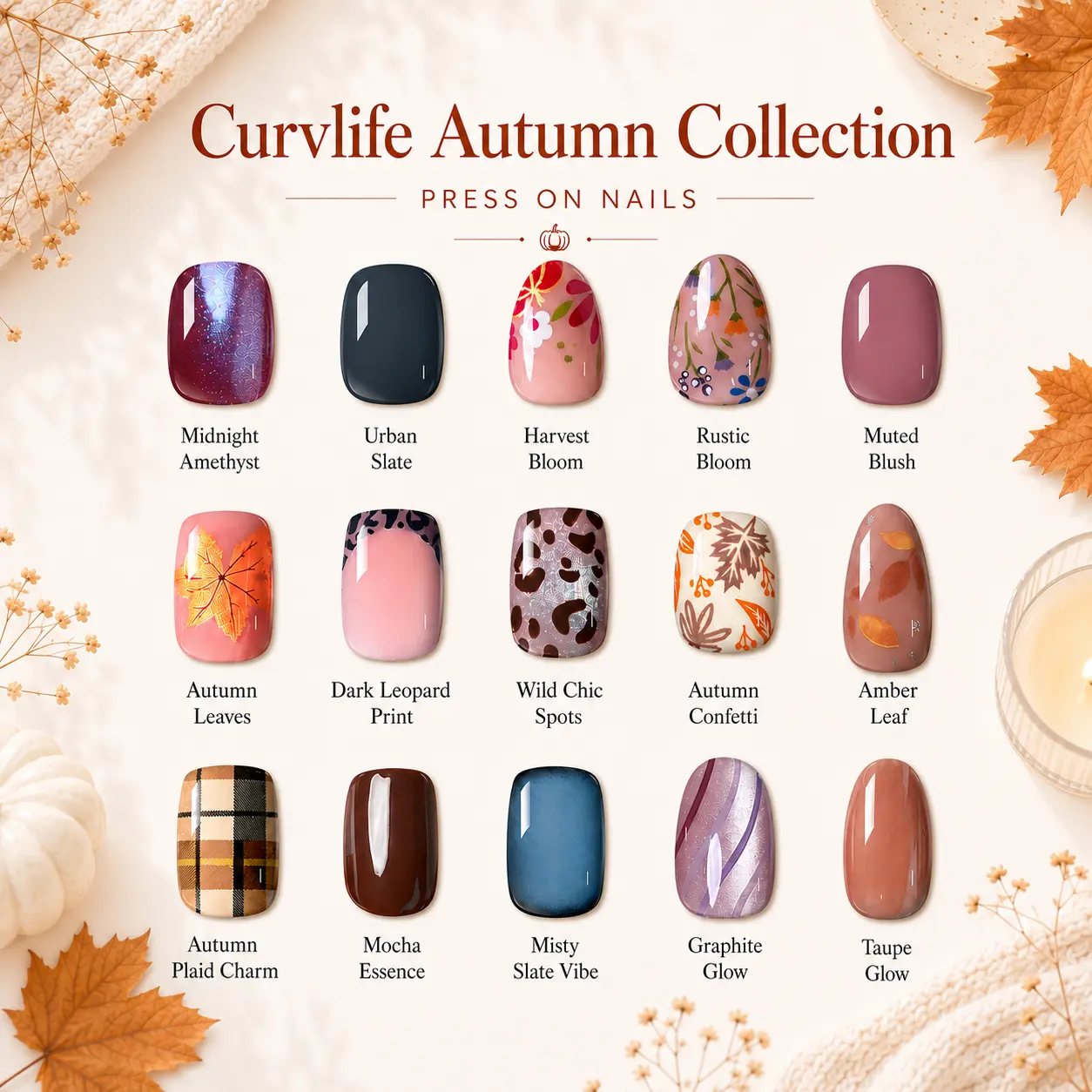 Curvlife Autumn Press on Nails Collection|32 PCS Nude Brown French Tip Glue on Nails|Full Cover Reusable Acrylic Stick on Nails with Maple Leaf, Floral, Pumpkin Designs|Fall Glossy False Nails for Women and Girls|Salon Quality Nail Kit|Short Fake Nails