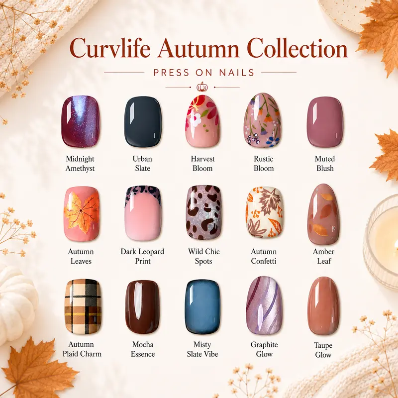 Curvlife Autumn Press on Nails Collection|32 PCS Nude Brown French Tip Glue on Nails|Full Cover Reusable Acrylic Stick on Nails with Maple Leaf, Floral, Pumpkin Designs|Fall Glossy False Nails for Women and Girls|Salon Quality Nail Kit|Short Fake Nails