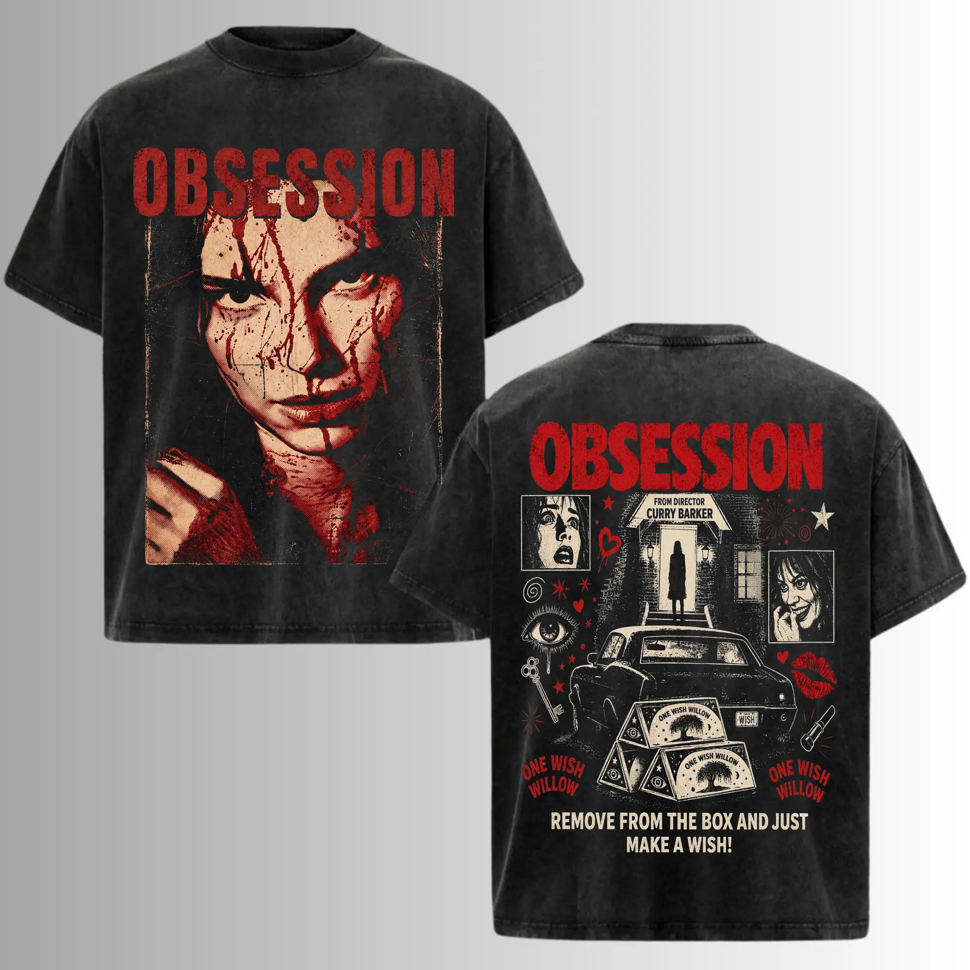 Obsession Horror Movie Washed Oversized T-Shirt, Heavyweight Acid Wash Cotton Tee, Double Sided Slasher Film Graphic Shirt, Vintage Horror Streetwear, Unisex Scary Movie Fan Gift, Halloween Merch