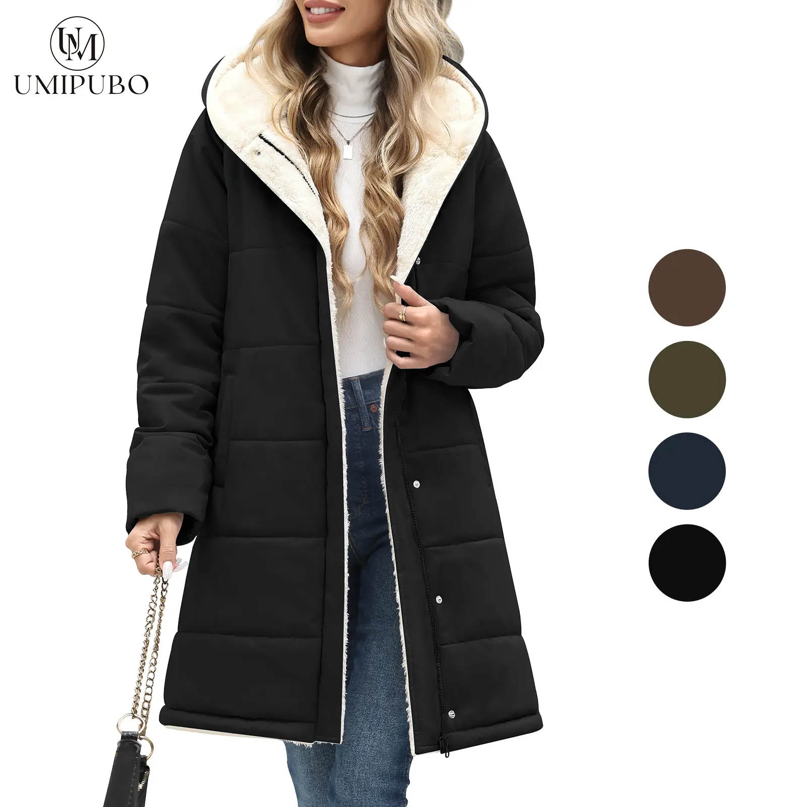 UMIPUBO Shop Women’s Mid-Length Hooded Winter Jacket, Thick Faux Sherpa Lined, Quilted Padded Zip-Up Parka, Cozy Warm Casual Daily Outerwear for Fall Winter