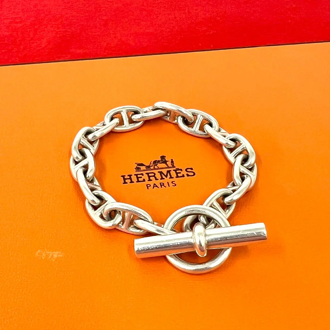 Pre-owned HERMÈS Sterling Silver 925 (Ag925) Small Leather Goods Hermes Chaine d’Ancre MM Bracelet
