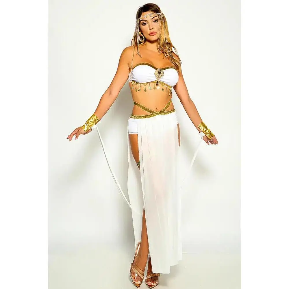 White Gold Embellished Rhinestone Fringe Goddess 5 Piece Costume