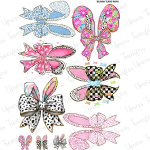 Bunny Ears Mini DTF Transfer Gang Sheet 24.5" x 36" Direct To Film for DIY Enthusiasts Vibrant Custom Options Cozy Handmade Aesthetic Pink Green Christmas Design