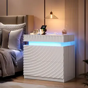 FREDEES LED Nightstand with Charging Station 3-Color LED Lights Human Sensor 3 Drawers Storage USB Type-C Ports Modern Bedside Table for Bedroom
