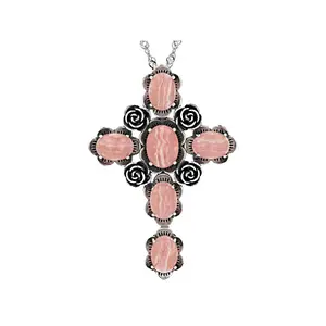 JTV Pink Rhodochrosite Sterling Silver Cross Pendant With 18" Singapore Chain, 8x6mm, 7x5mm